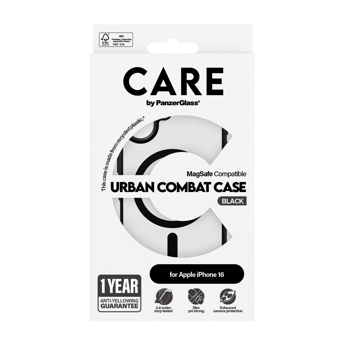 CARE by PanzerGlass® Urban Combat Case Transparent w. Black Frame & MagSafe iPhone 16